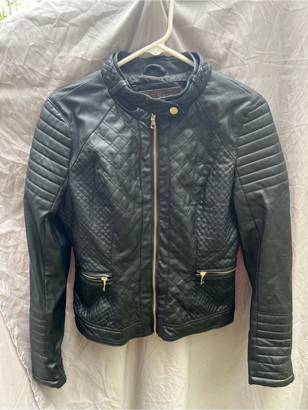 Quilted Black Faux Leather Moto Jacket with Gold Zipper Details